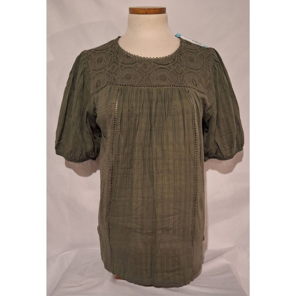 Mason & Belle Audrina Short Sleeve Knit Top Olive Green Crochet Lace Boho Medium